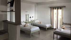 A room with two single beds, a small table, a mirror, and a window with curtains. - Mary Popi (Kalymnos)