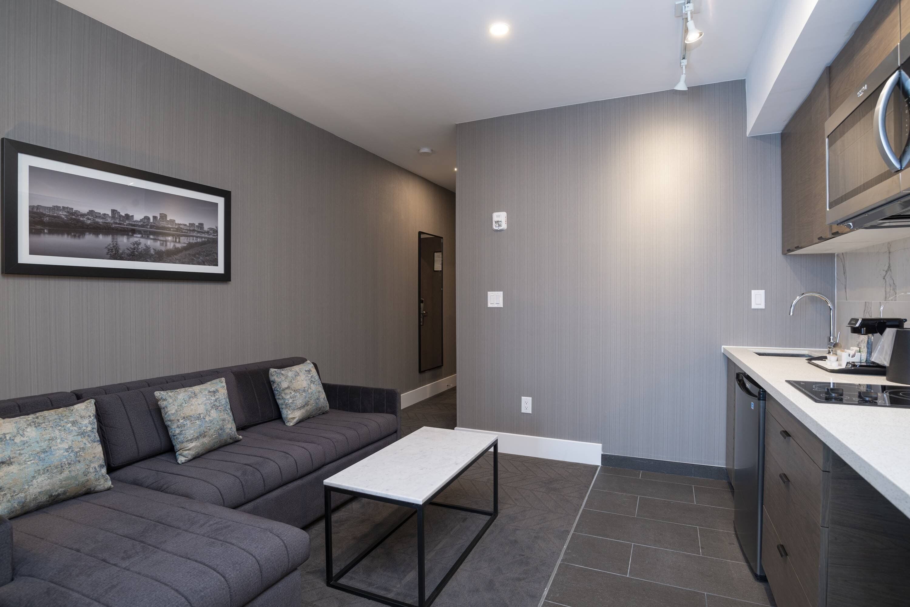 A modern kitchen with grey cabinetry, a built-in oven, and a dishwasher. There is a grey sofa with decorative pillows and a framed cityscape picture on the wall.