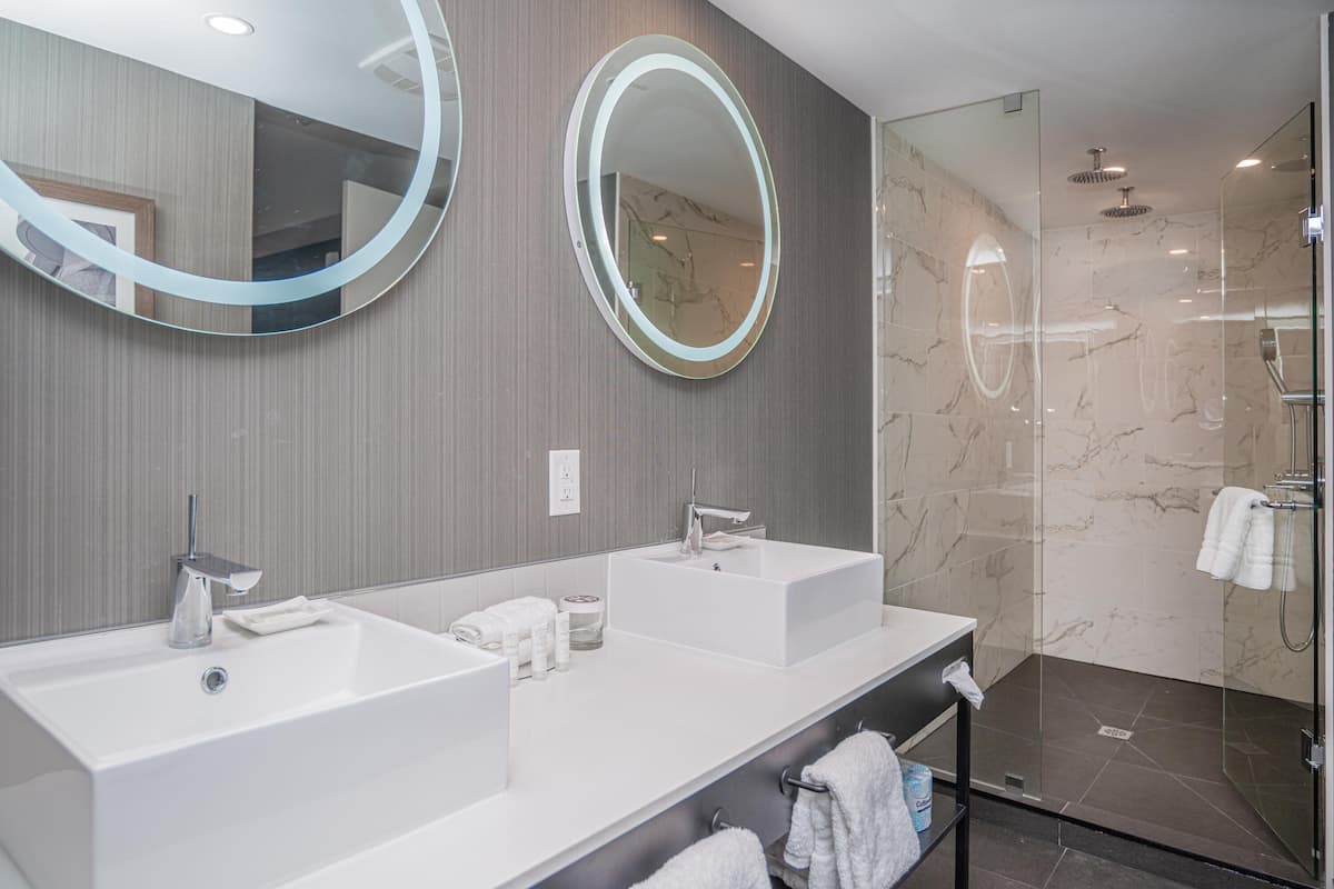 grand suite, 1 king bed with sofa bed, kitchenette | bathroom | free toiletries, hair dryer, bathrobes, towels