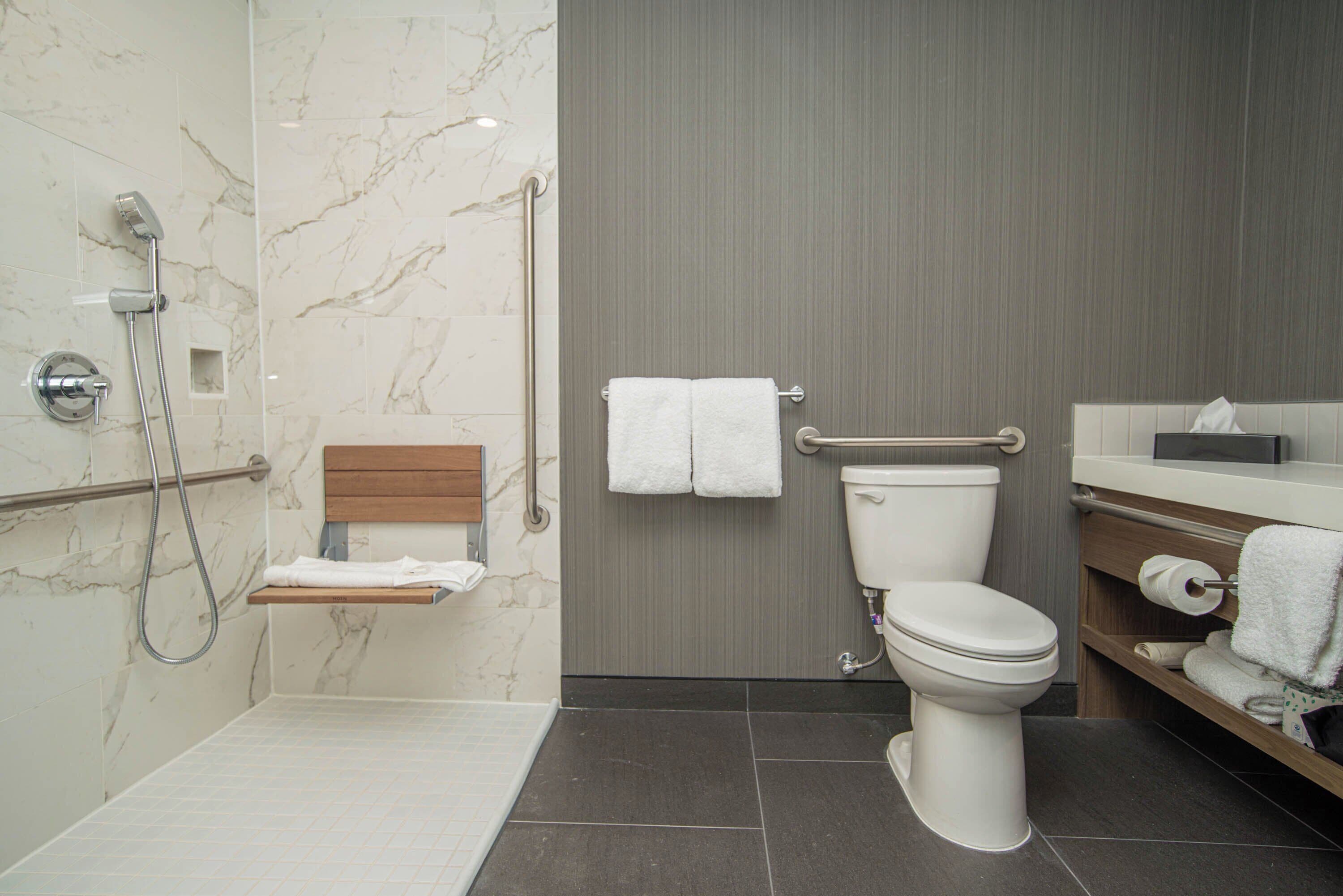 A modern bathroom with a shower, toilet, and vanity.