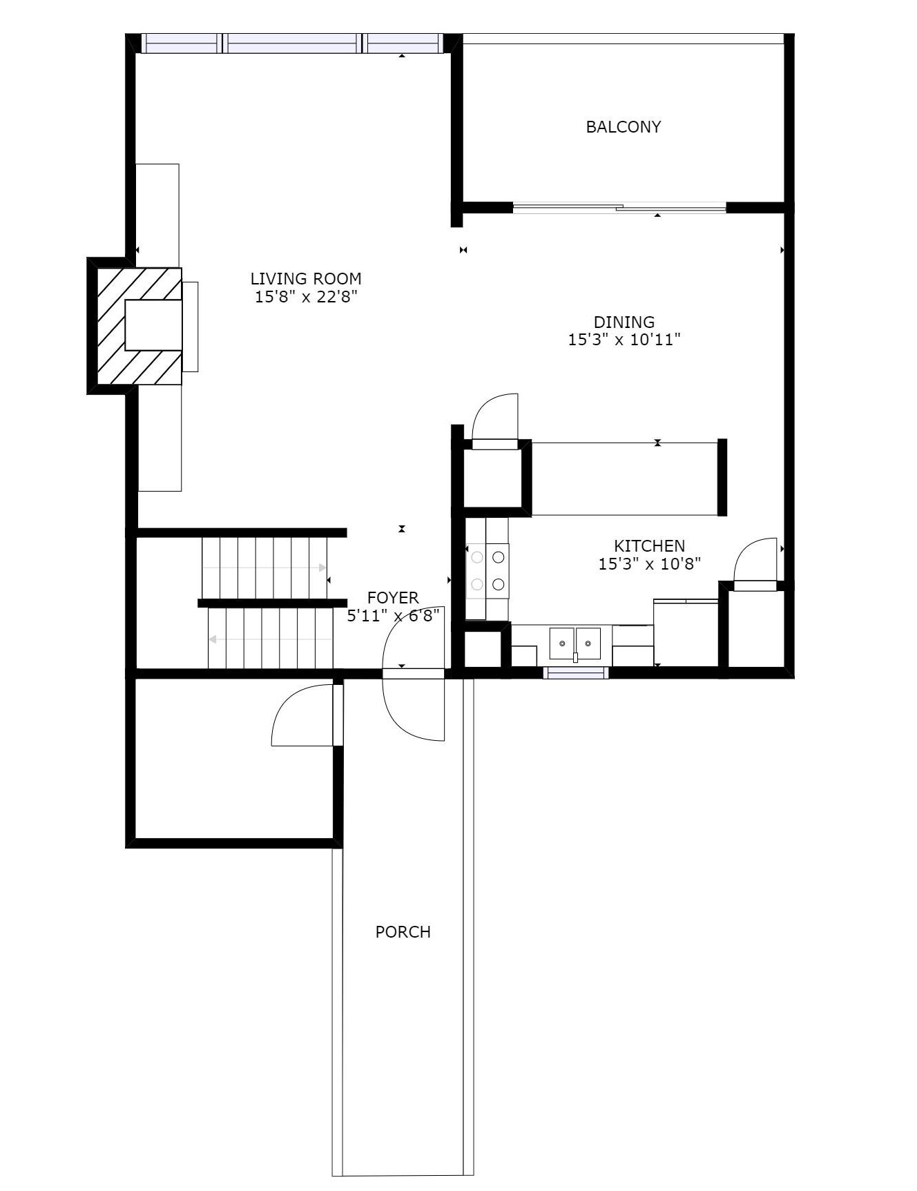 A floor plan with a living room, balcony, dining area, kitchen, foyer, and porch.