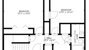Plantegning med to altaner, et soveværelse der måler 4,6 x 4,6 meter, et større soveværelse der måler 4,0 x 4,8 meter, et badeværelse med bruser og toilet, en gang og en trappeopgang.