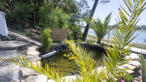 A small pond with a wooden deck, surrounded by rocks and plants.