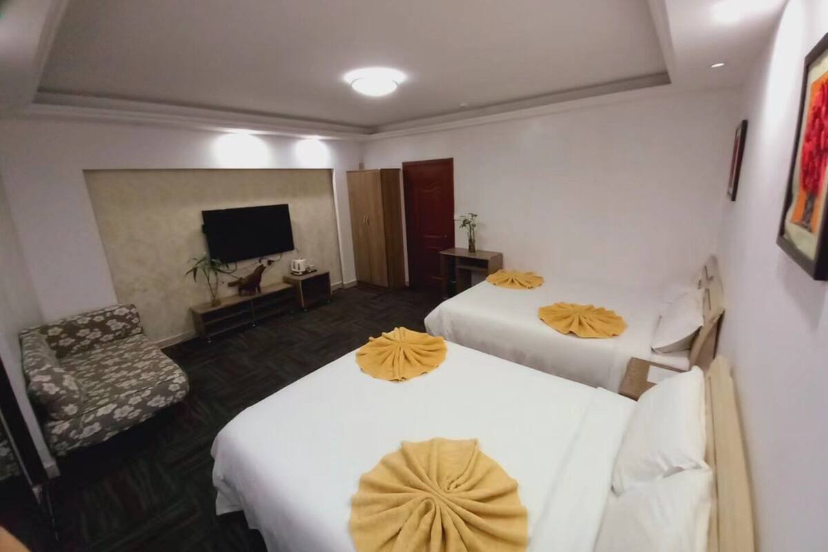 A hotel room with two beds, a TV, a sofa, and a wardrobe.