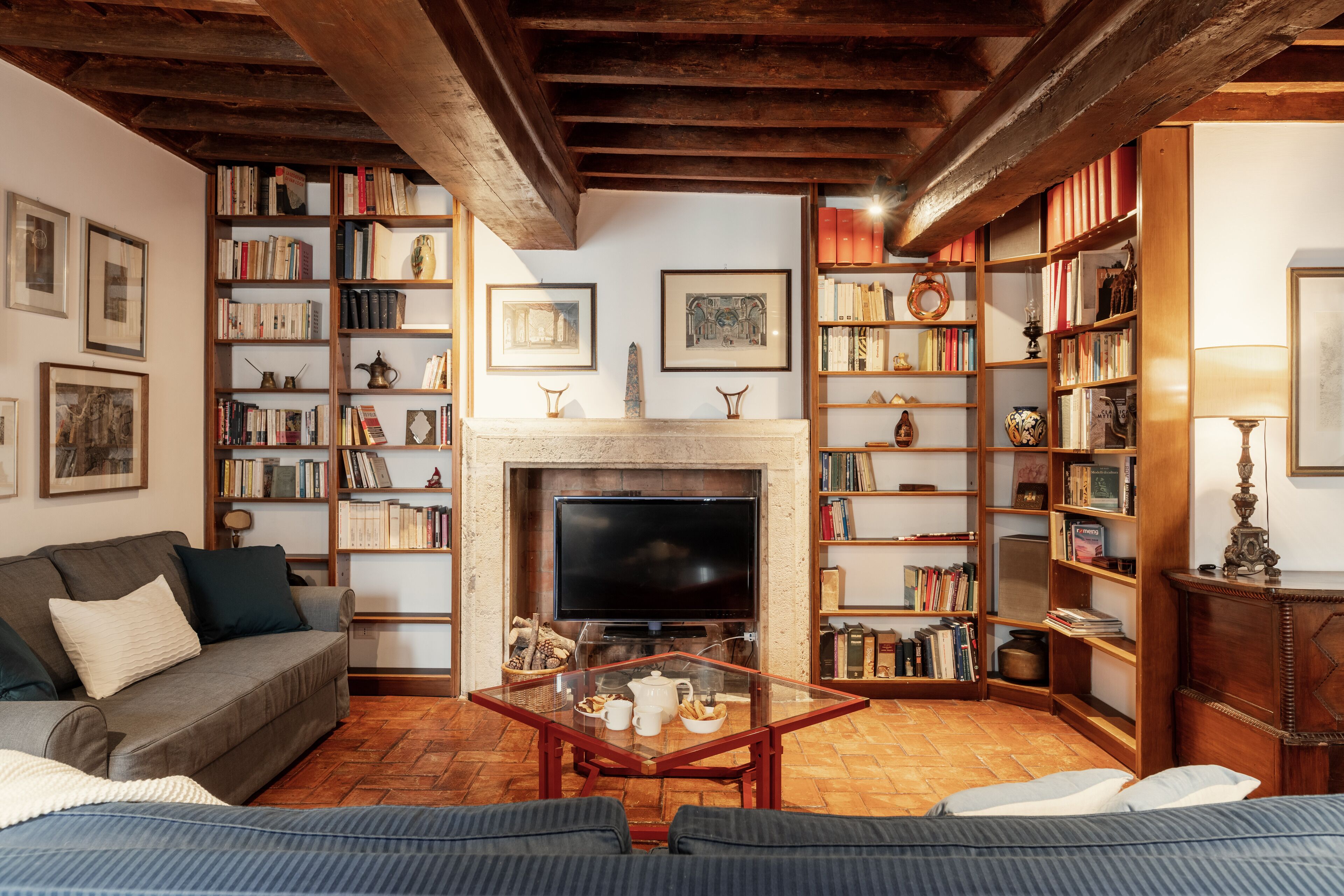 Een gezellige woonkamer met een open haard, een televisie en een boekenplank vol boeken.