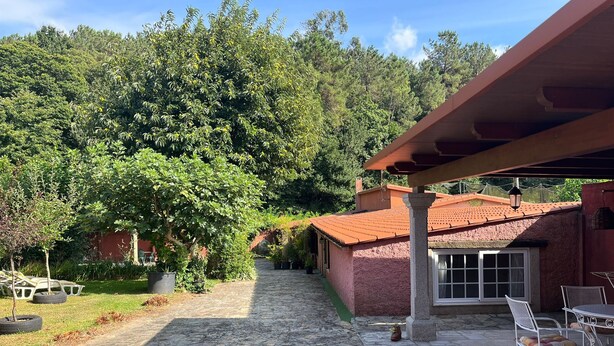 A stone-paved patio with a covered seating area, a house with a red-tiled roof, and a lush green forest in the background. - CASA ROMEO housing in typical Galician architecture (Brión)
