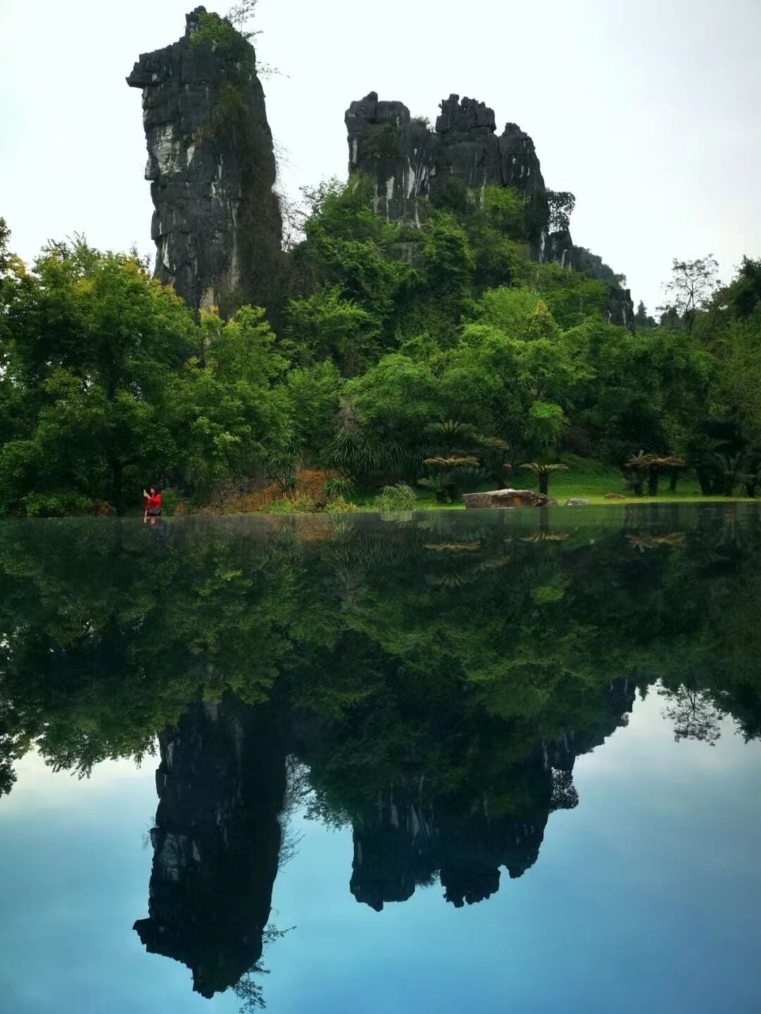 Un lac paisible dont les eaux reflètent les arbres et les formations rocheuses environnantes.