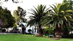 Un edificio con techo triangular, rodeado de abundante vegetación y palmeras.