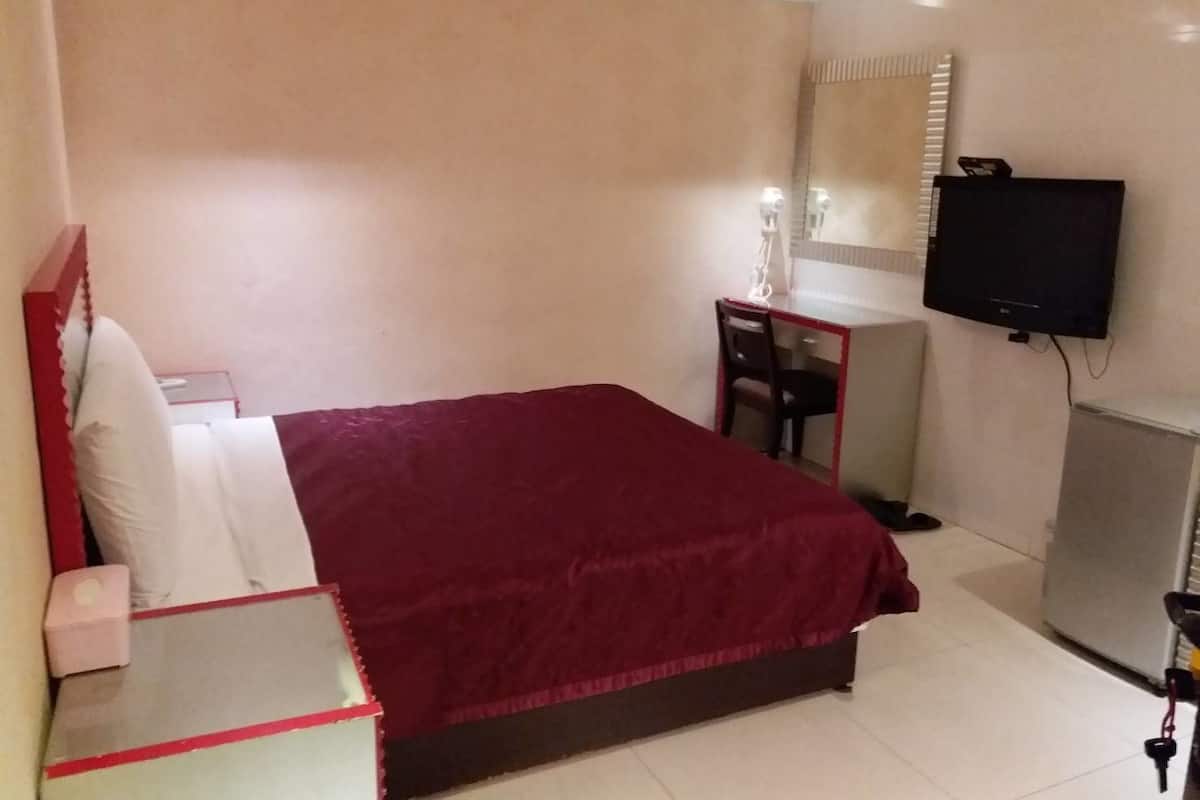 A bedroom with a bed, a desk, a chair, a television, and a mirror.