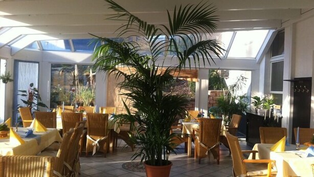An indoor dining area with wicker chairs and tables, a large potted plant in the center, and a view through the glass ceiling. - Hotel am Salzberg (Philippsthal)