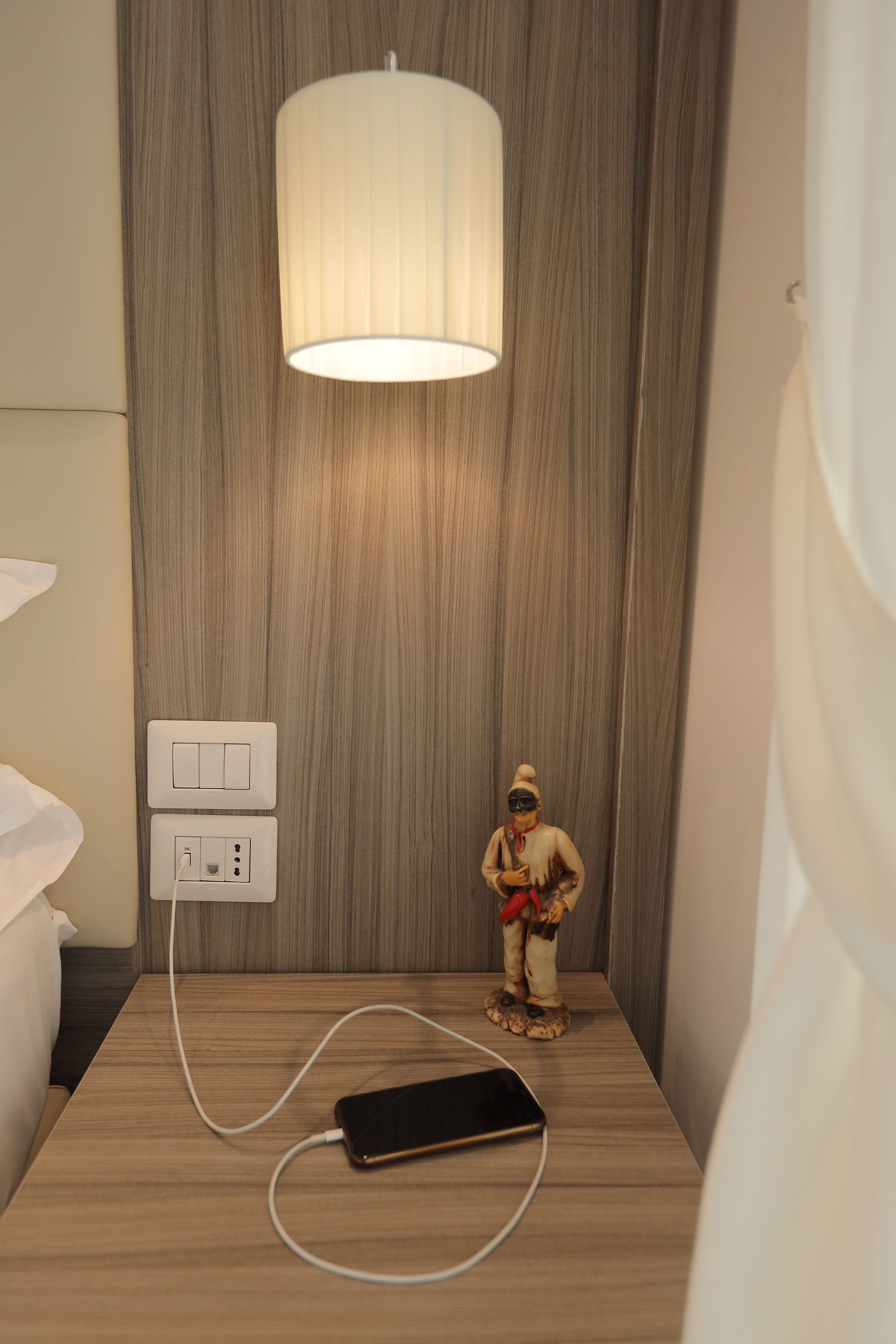 A room with a wooden wall, a white switchboard, a power outlet, a small statue, and a smartphone charging on a wooden surface.