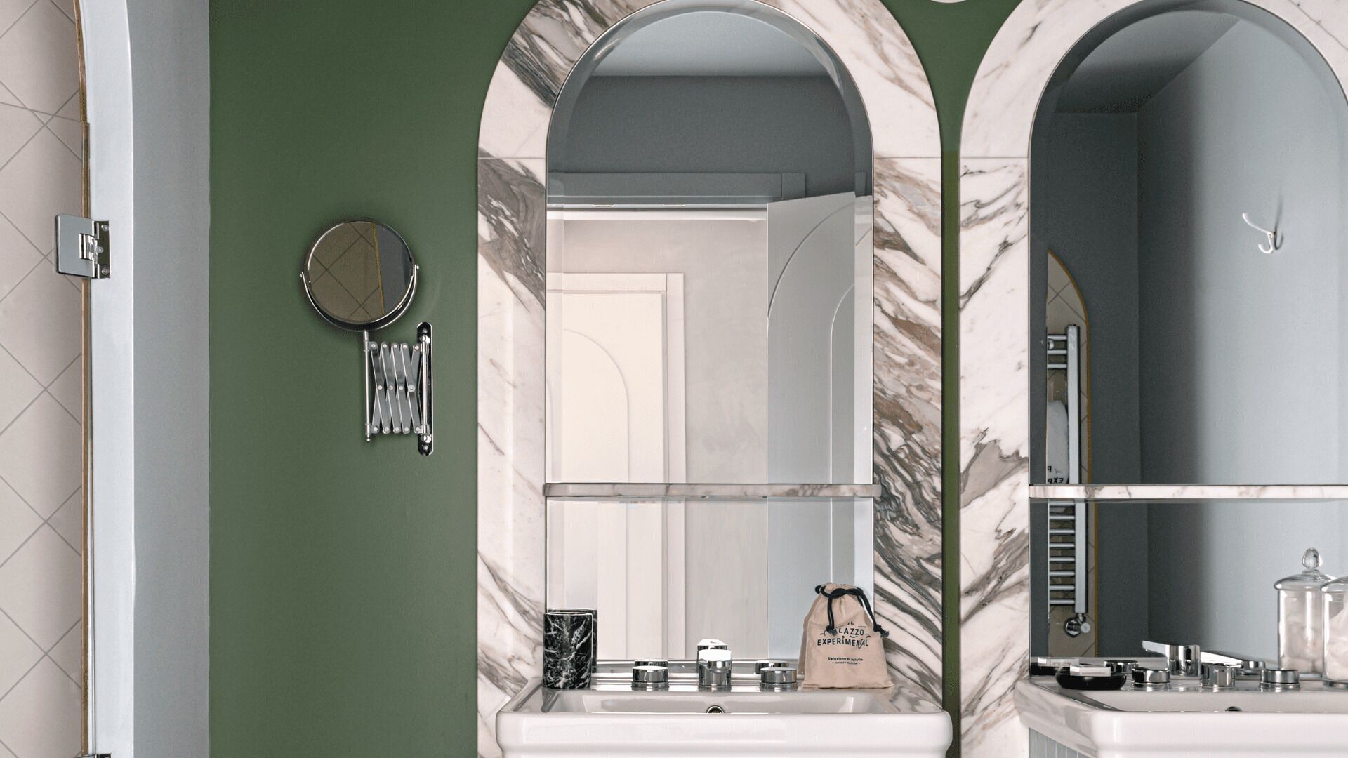 A bathroom with a green wall, a round mirror, a vanity with a marble countertop, and a towel rack.
