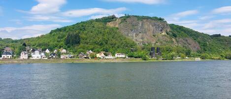 A lakeside town with houses along the shore and a hill with a castle-like structure in the background.