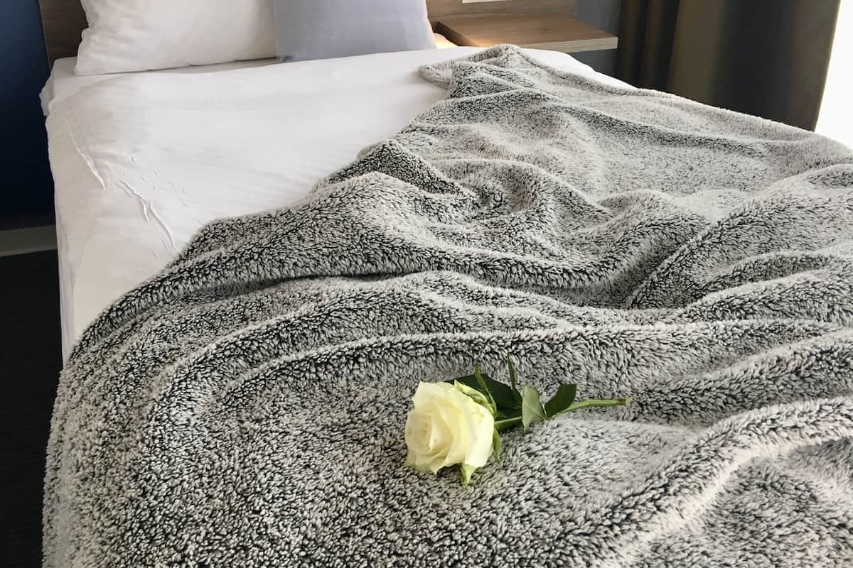 A neatly made bed with a fluffy blanket and a single white rose.