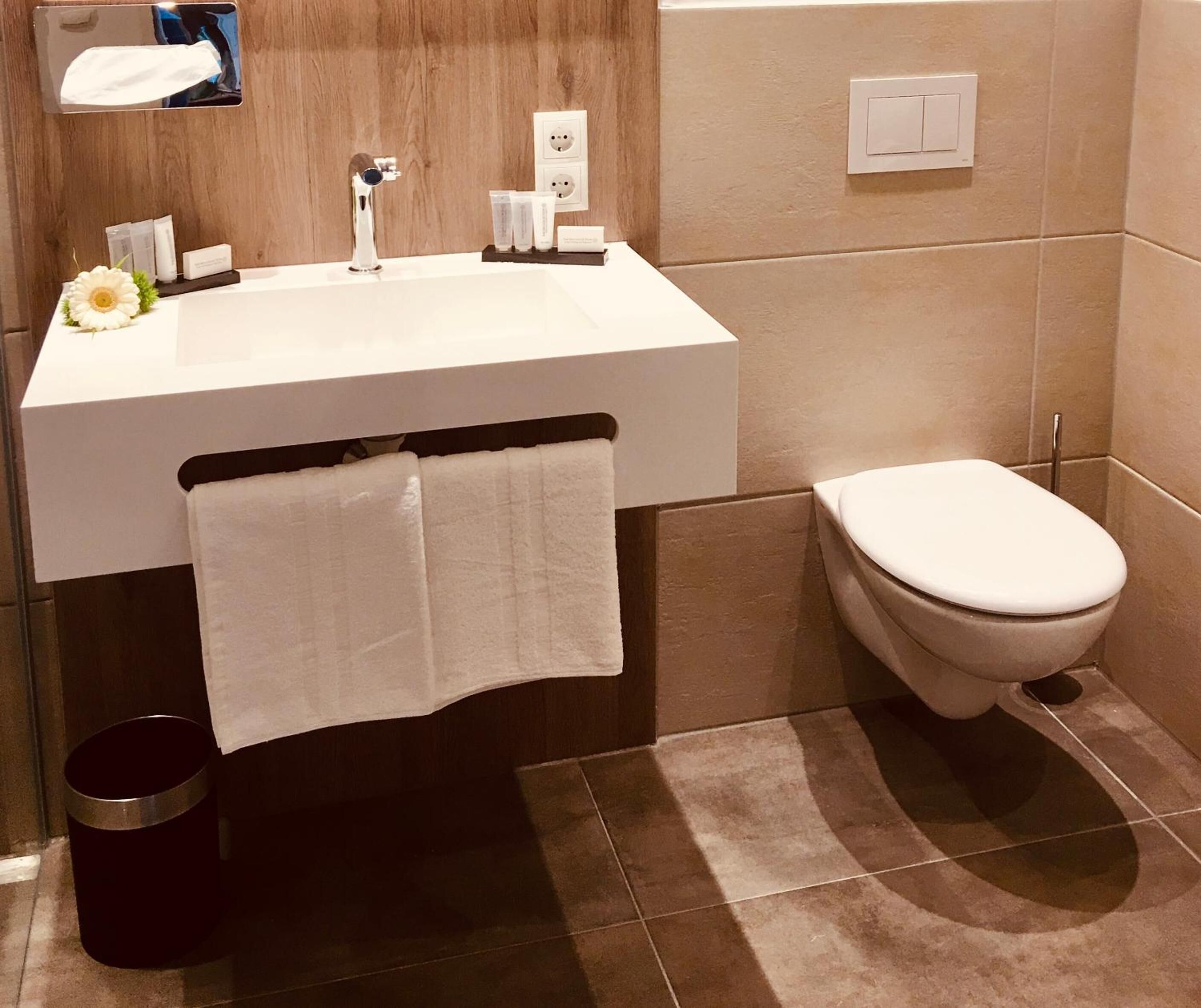 shower, free toiletries, hair dryer, towels