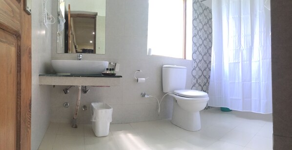 A bathroom with a white sink, toilet, and a mirror. - Ladakh Himalayan Retreat (Leh)