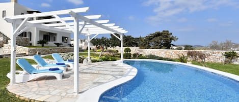 Outdoor pool, pool umbrellas, pool loungers