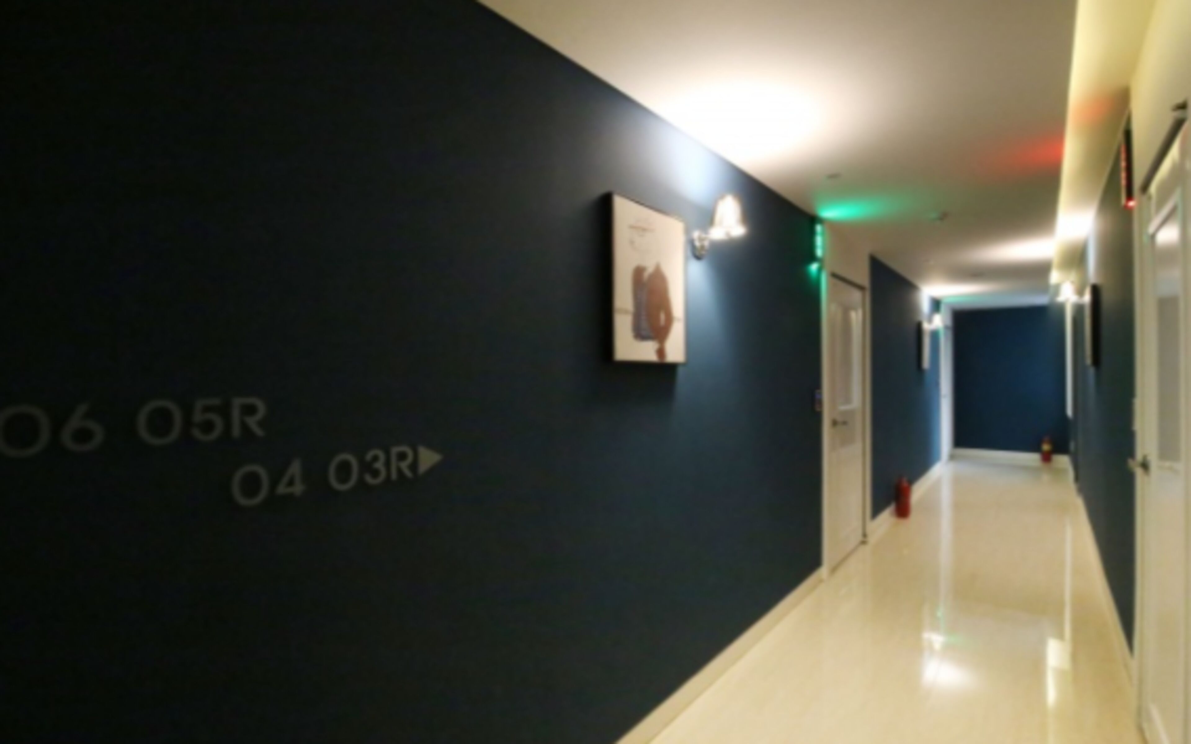 A hallway with directional signs on the wall, a framed picture, and a door at the end.
