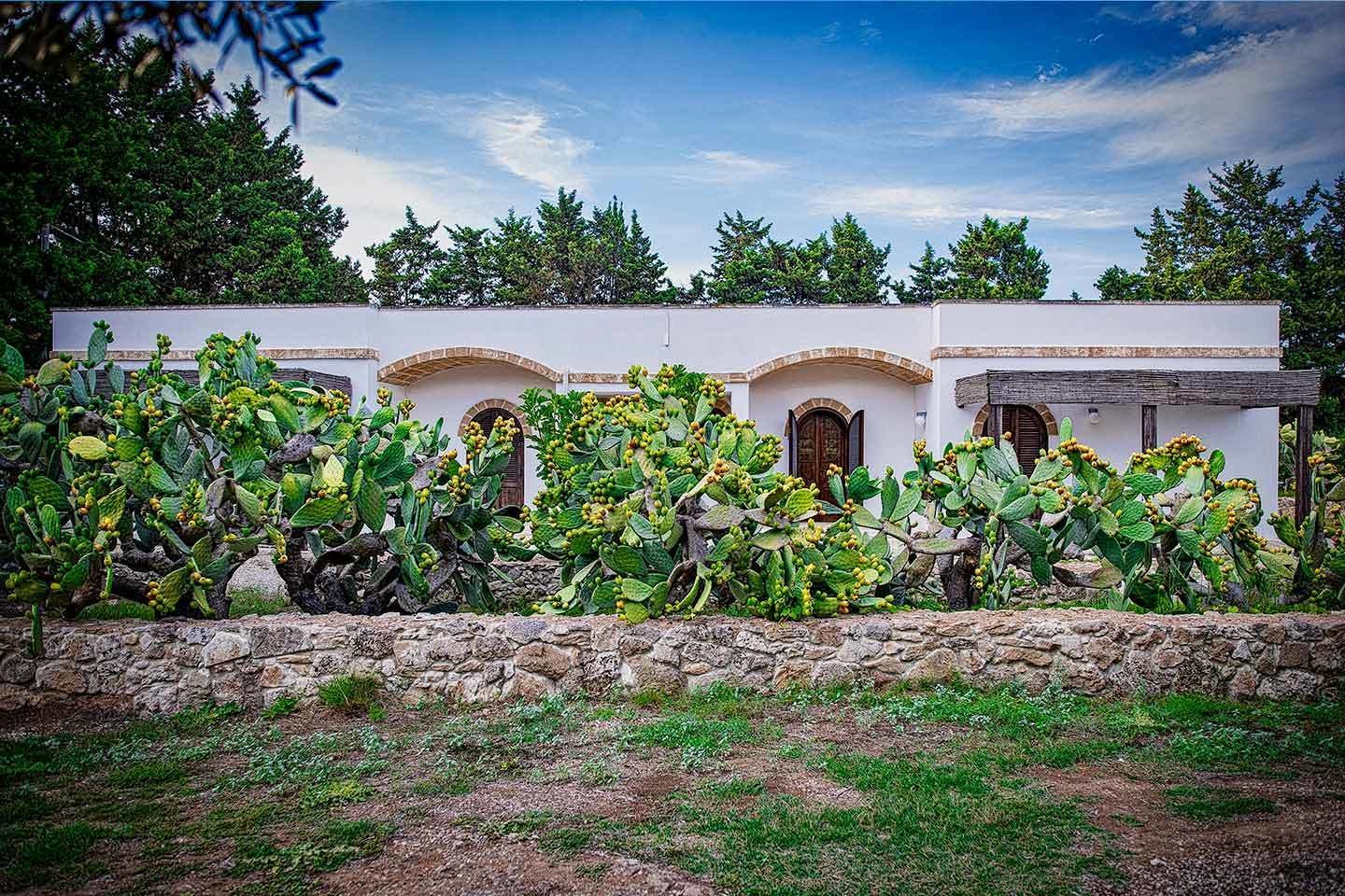 Un edificio con arcos y un muro de piedra.