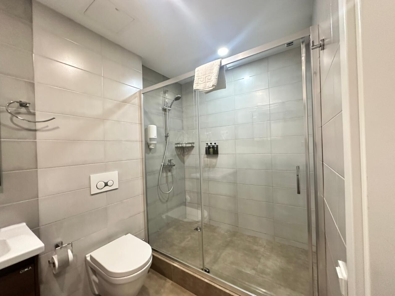 A modern bathroom with a glass-enclosed shower, a toilet, and a sink.