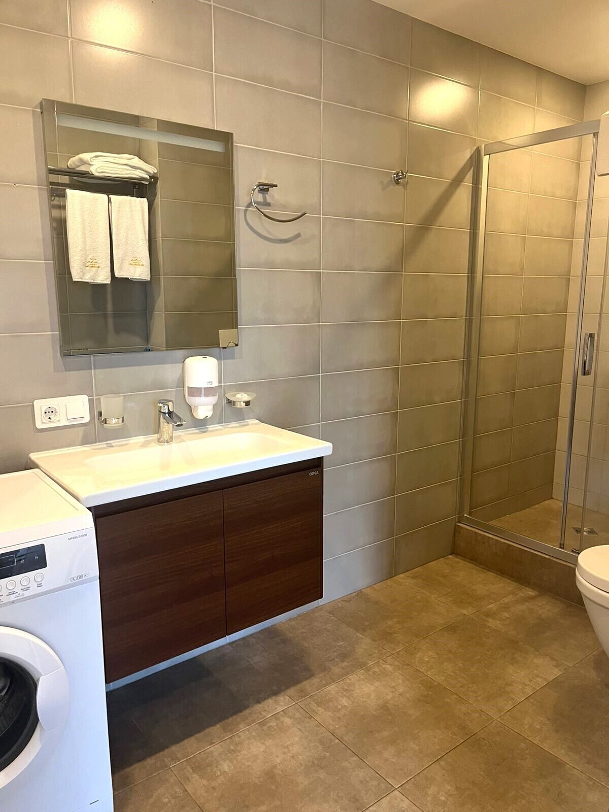 Une salle de bain moderne équipée d’un lave-linge intégré, d’un lavabo avec un miroir au-dessus et d’une douche à parois de verre.