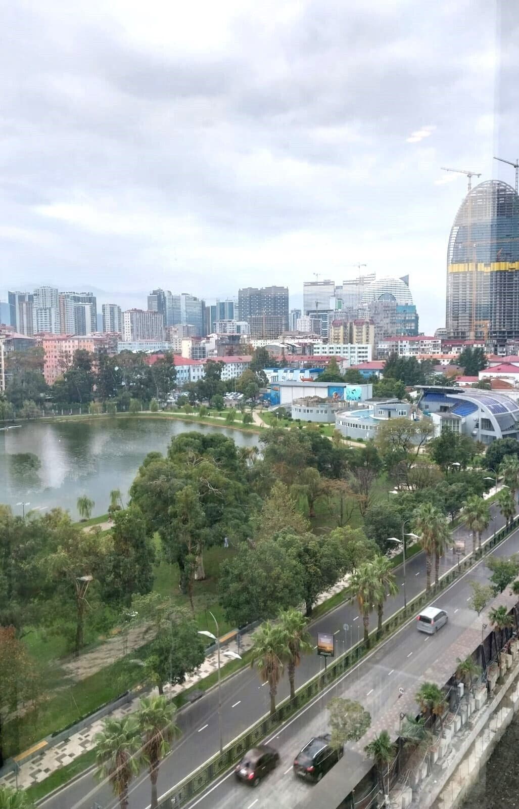 A cityscape with a river, palm trees, and a highway.