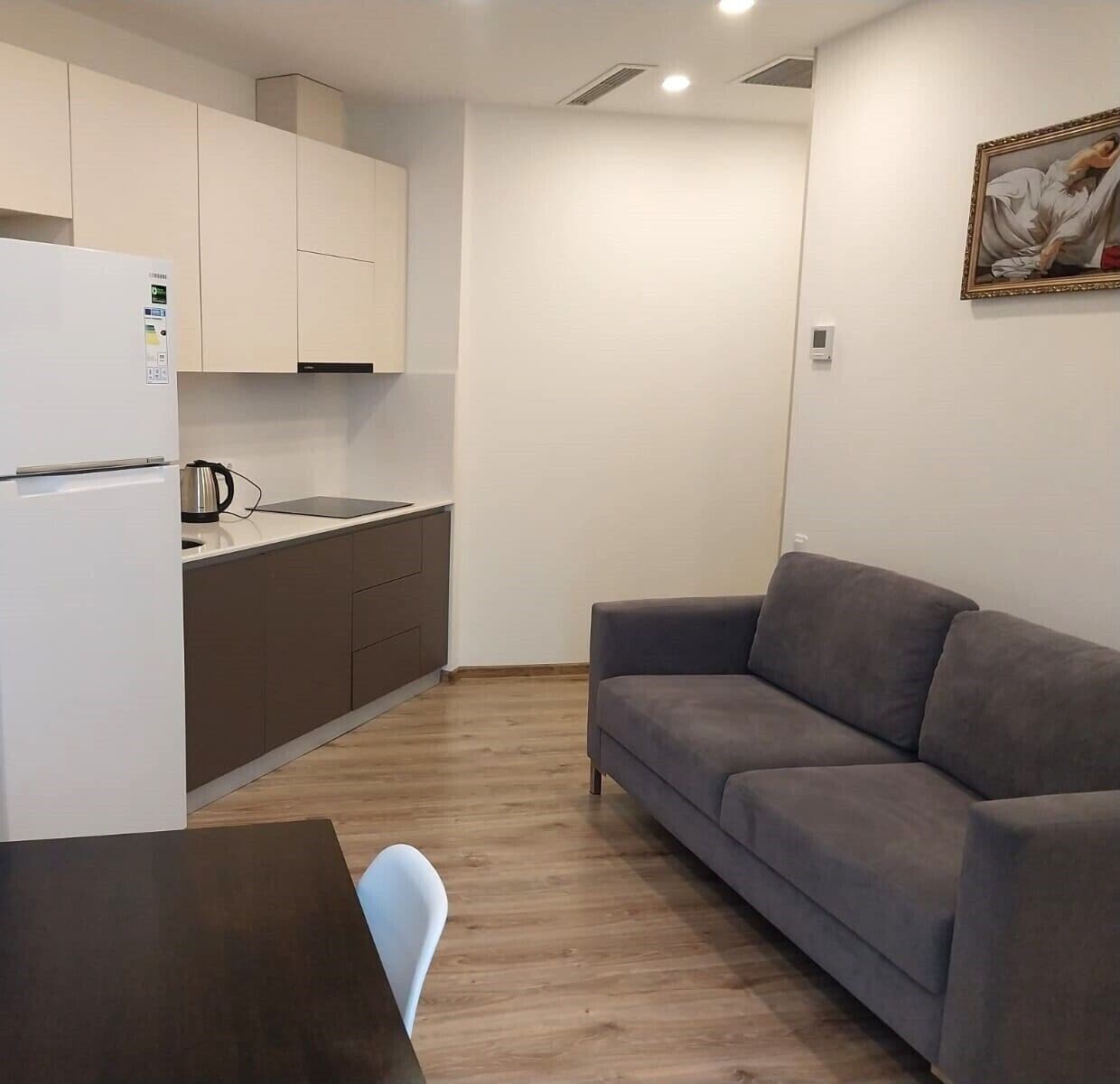 Un espacio habitable compacto con kitchenette, un sofá gris y una mesa de comedor.