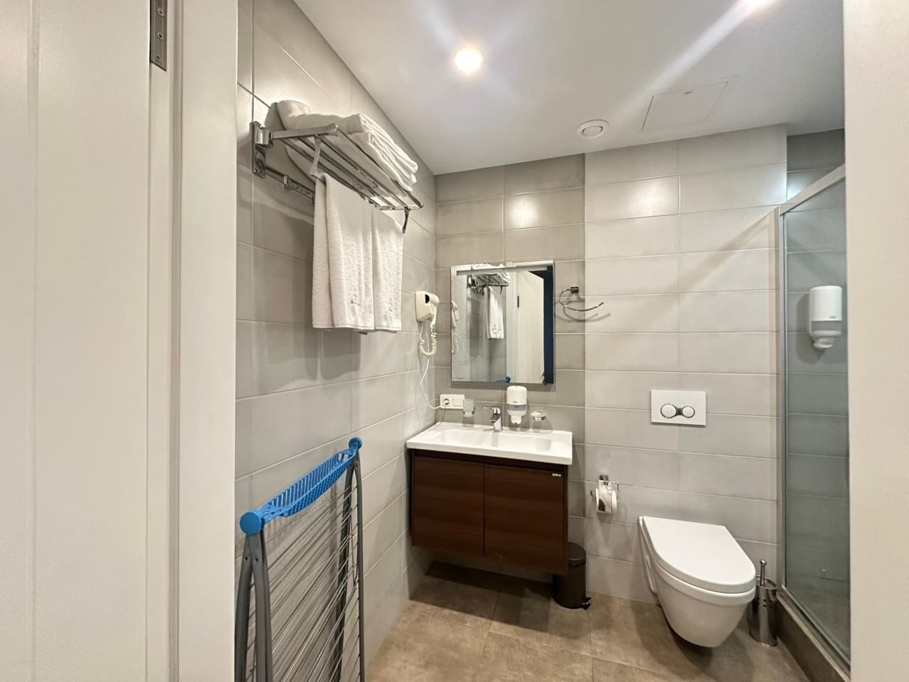 A modern bathroom with a glass shower enclosure, a white toilet, and a vanity with a mirror.