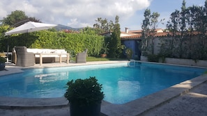Outdoor pool, pool umbrellas, pool loungers