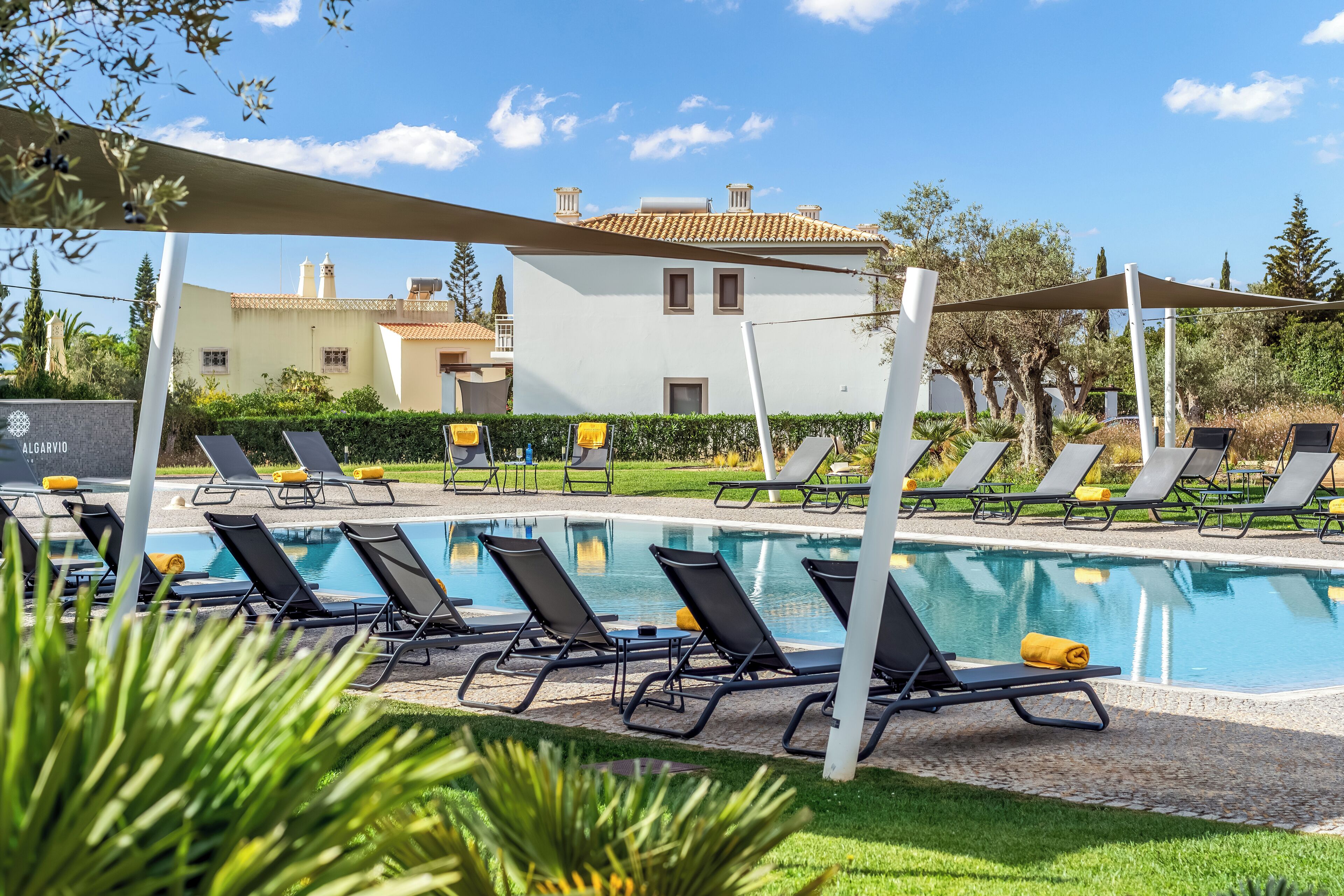 Un espace aménagé au bord de la piscine, avec des chaises longues, et un bâtiment en arrière-plan.