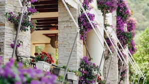 Un edificio con fachada de ladrillo, paredes blancas y un porche cubierto. Flores púrpuras caen por las paredes, y hay flores rojas en una jardinera.