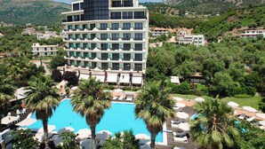 Un hotel con una piscina grande rodeada de palmeras y tumbonas.