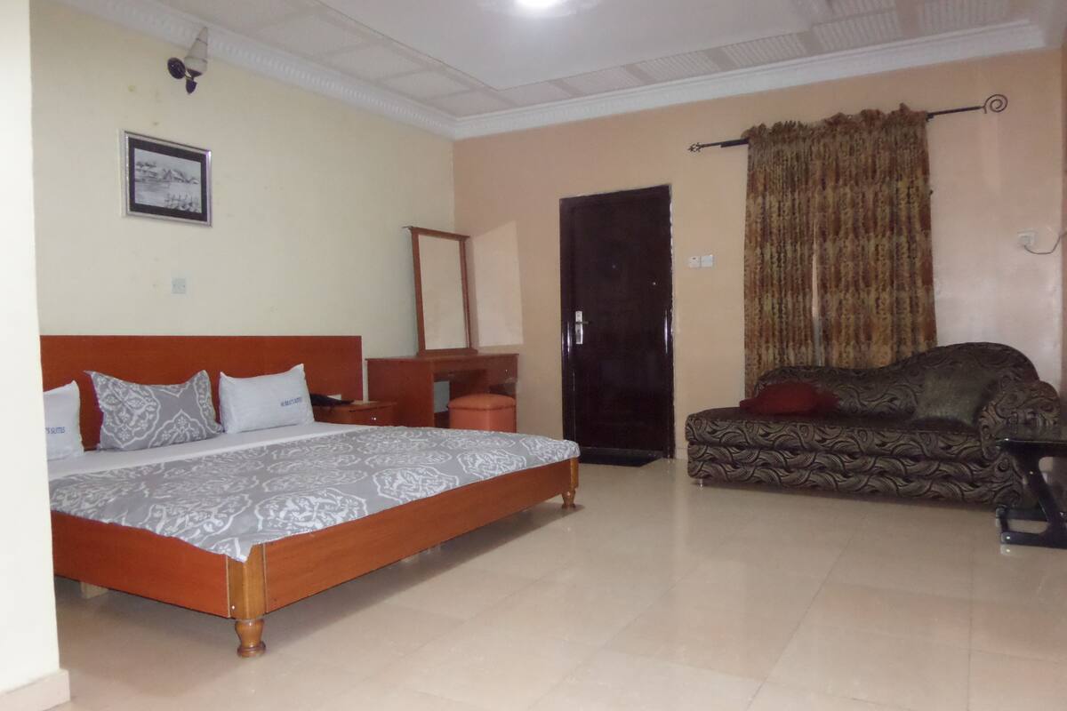 A bedroom with a bed, a sofa, a dresser, and a door.