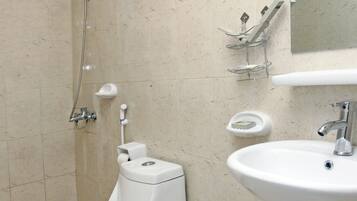 Shower, free toiletries, bidet, towels