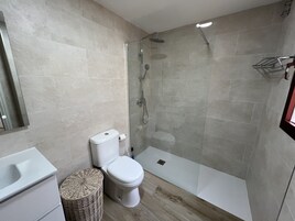 A modern bathroom with a glass-enclosed shower, a toilet, and a sink.