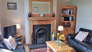 A living room with a fireplace, two sofas, a coffee table, and a bookshelf. - Beachview Cottage (Ballymena)