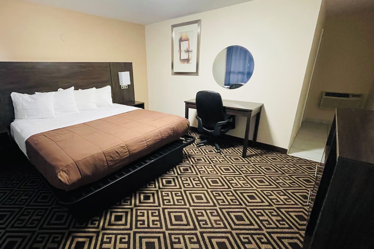 Une chambre d’hôtel avec un lit, un bureau, une chaise et une moquette à motifs.
