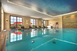 Indoor pool, open 7:00 AM to 10:00 PM, sun loungers