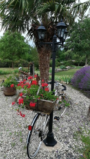 Un vélo avec un panier rempli de fleurs rouges est garé près d’un lampadaire dans un jardin.