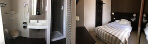 Une chambre d’hôtel avec salle de bain, douche, lit et armoire.