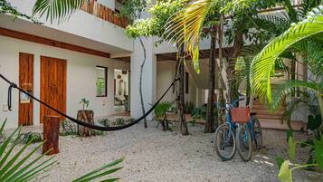 Un pati amb una bicicleta, portes de fusta i plantes tropicals.