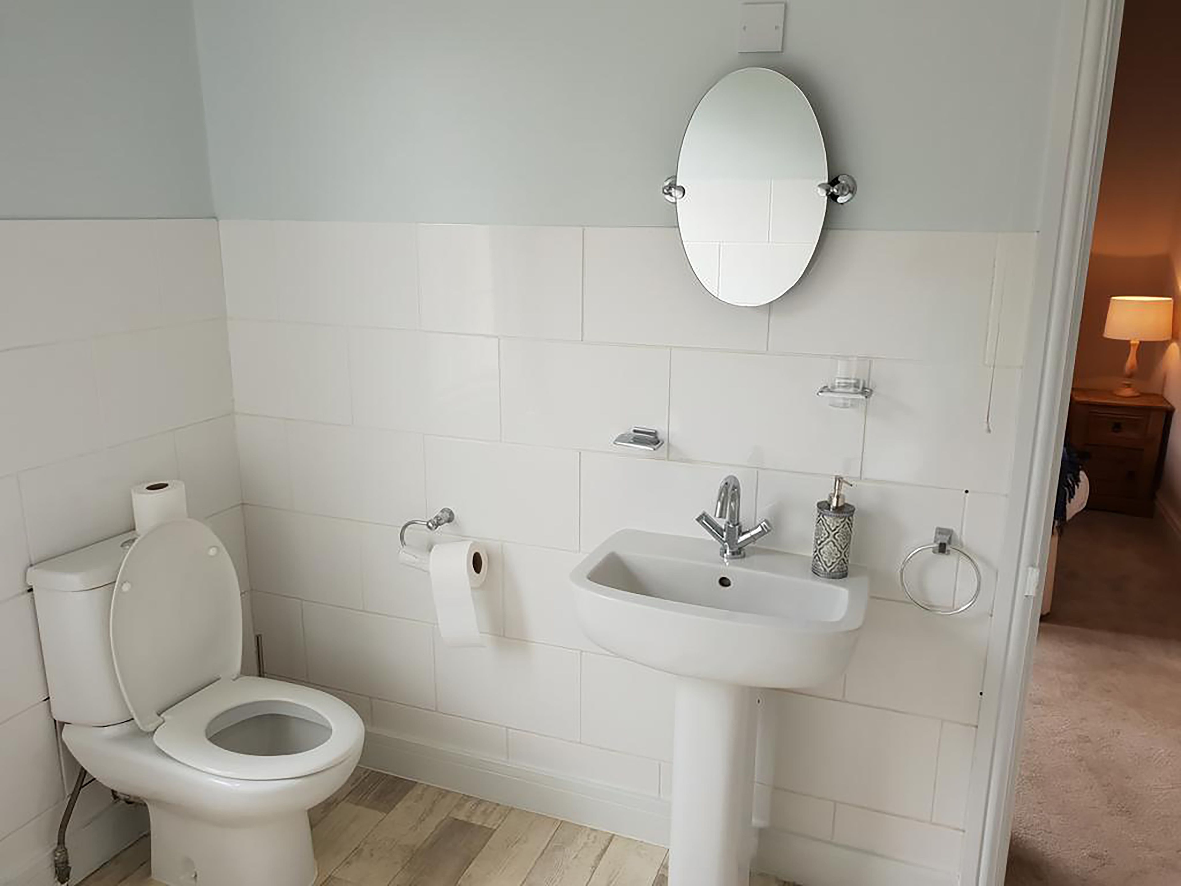A bathroom with a toilet, sink, and mirror.