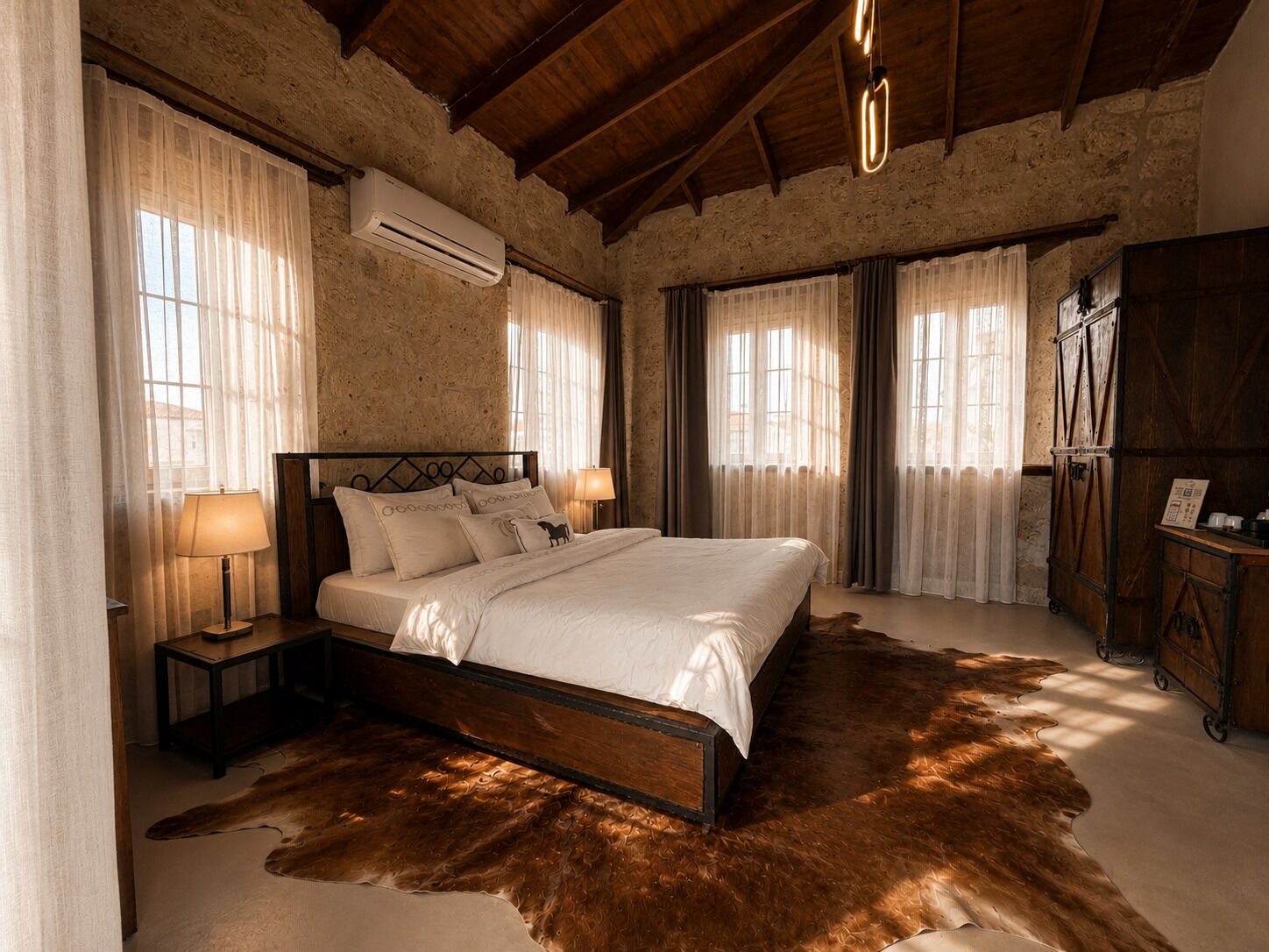 A bedroom with a wooden bed, a large fur rug, a wooden wardrobe, and an air conditioning unit.