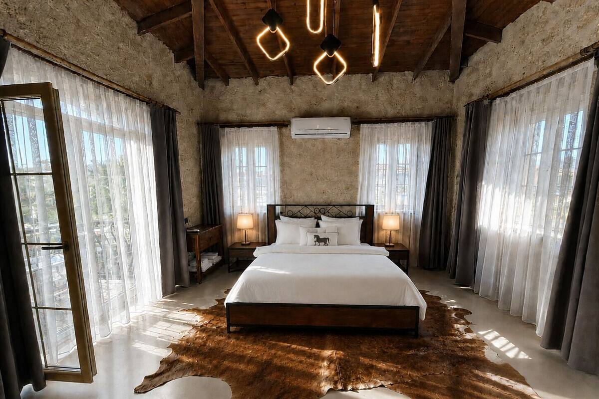 Ein Schlafzimmer mit einem großen Bett, zwei Nachttischen mit Lampen, einer Holzbalkendecke und einem Kuhfellteppich.
