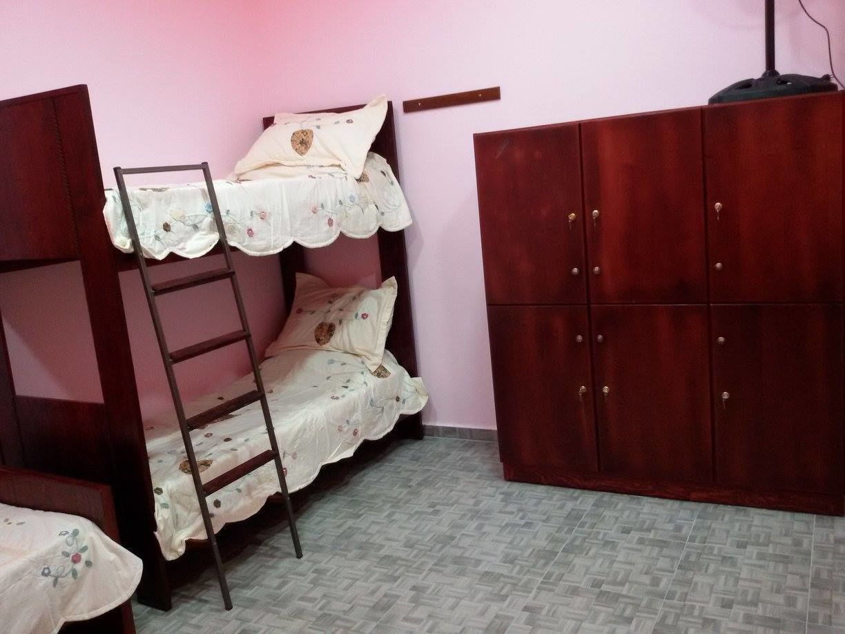A room with a bunk bed, a wardrobe, and a ladder.