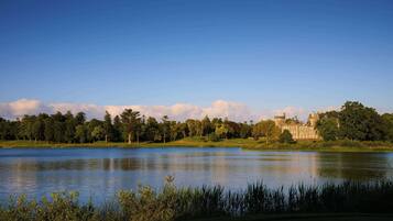 A serene lake with a castle in the background, surrounded by lush greenery and trees.