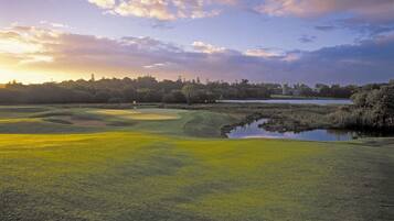 A golf course with a water hazard, trees, and a distant building.