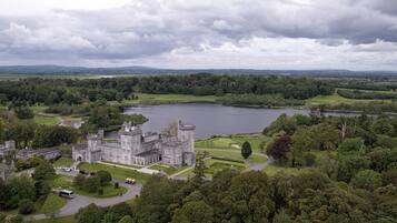 A castle with a moat, surrounded by lush greenery and a lake.