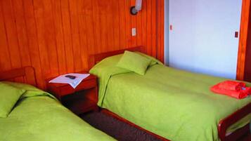 Een kamer met twee eenpersoonsbedden, houten wanden, een klein nachtkastje en een deur.