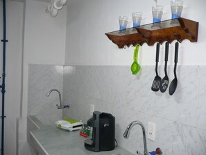Full-sized fridge, microwave, espresso maker, coffee/tea maker
